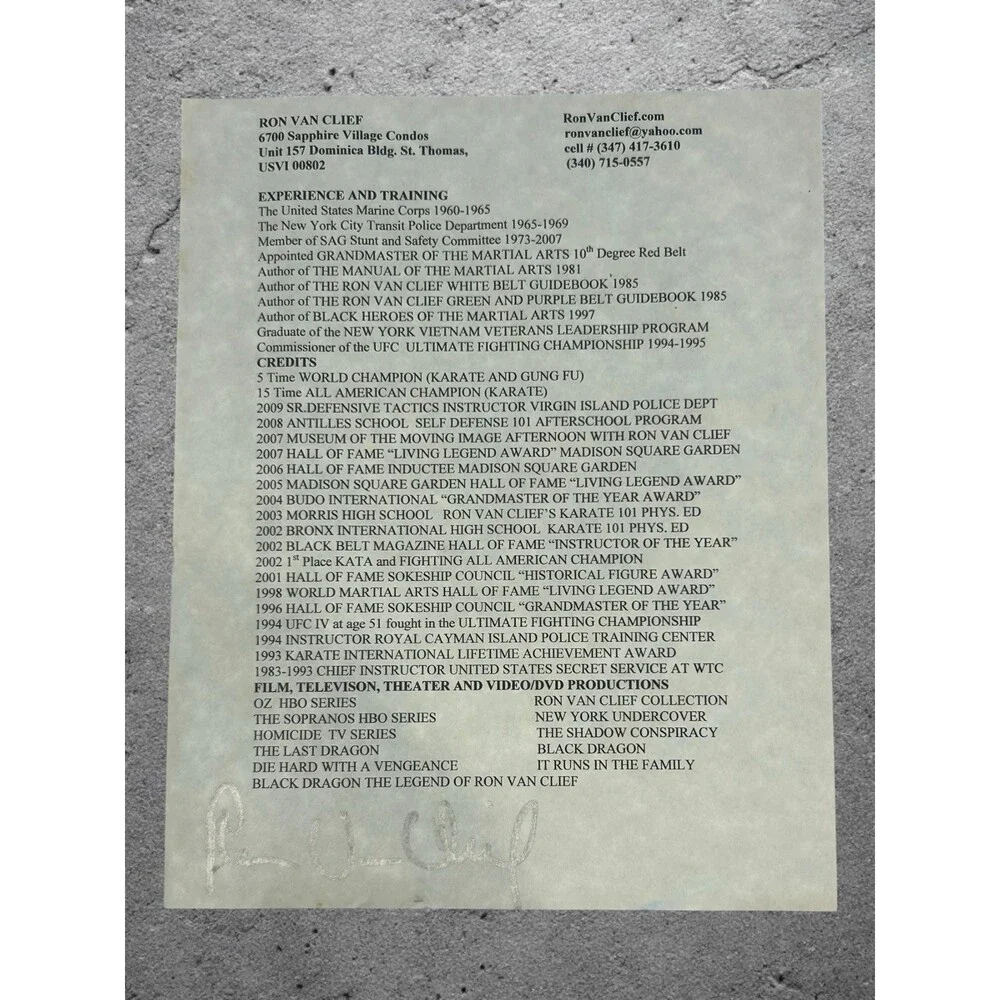 Ron Van Clief Signed Accolades Piece Of Paper From Early 2000s